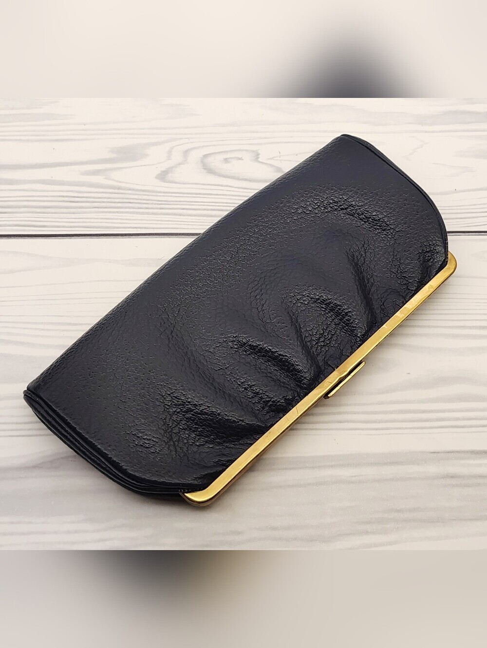 Vintage Leather Wallet Classic Navy Blue & Gold Hardware